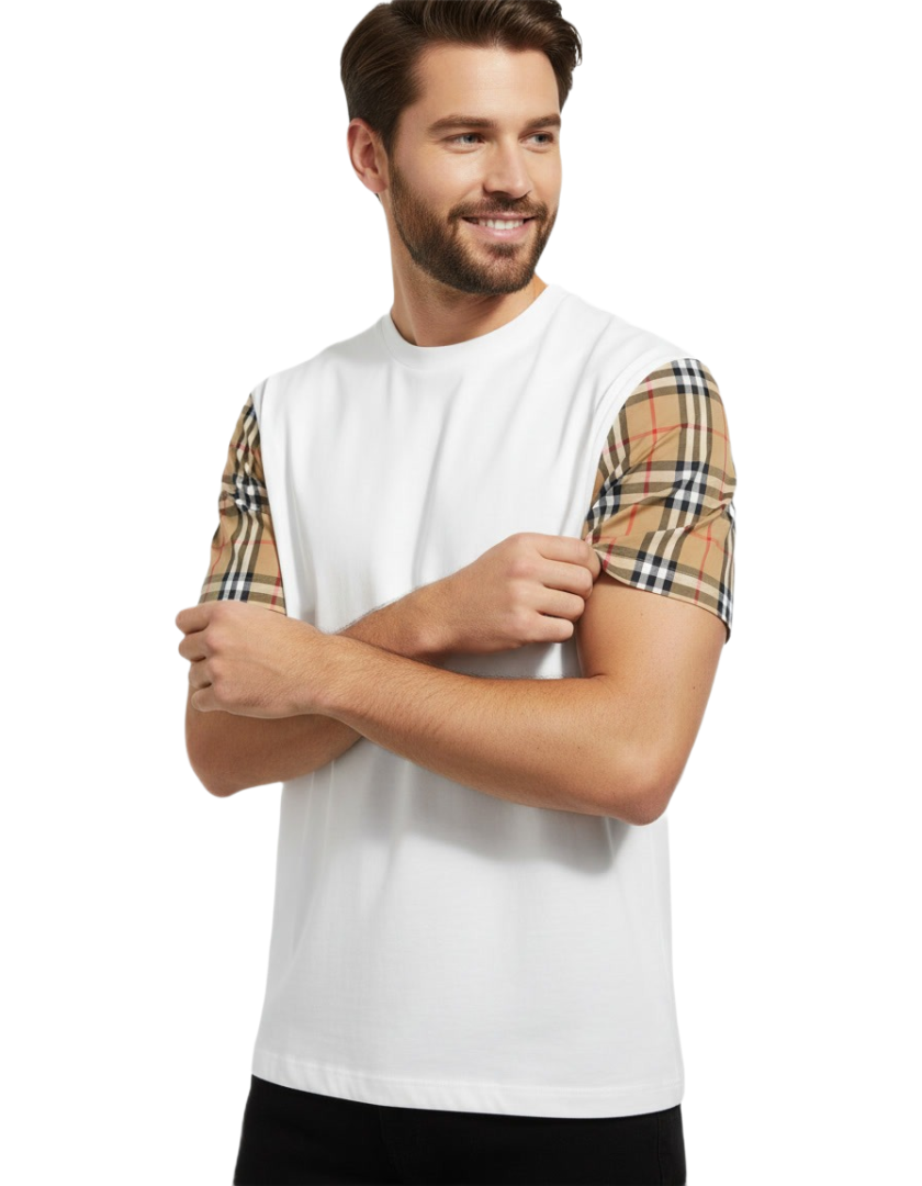 BURBERRY Stretch Check Sleeves Cotton T-Shirt - Image 3